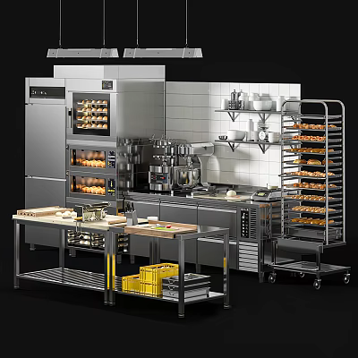 Stainless Steel Commercial Kitchen Cooking Equipment With Ovens Baking Racks Worktables And Trays 3d model