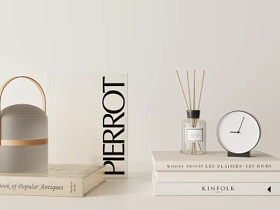 Modern Decorative Ornament Set With Gray Gold Handle Box Reed Diffuser Round Clock And Books 3d model