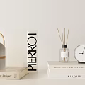 Modern Decorative Ornament Set With Gray Gold Handle Box Reed Diffuser Round Clock And Books