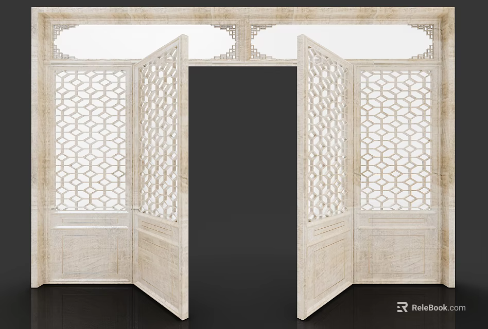 Traditional Chinese Wooden Gate With Double Doors And Carved Lattice Patterns 3d model 