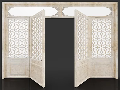 Traditional Chinese Wooden Gate With Double Doors And Carved Lattice Patterns 3d model
