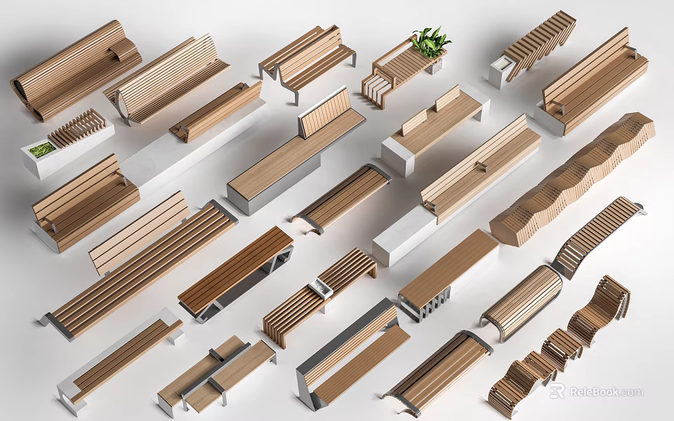 Various Wooden Benches With Modern Designs And Different Structures On 3d model 