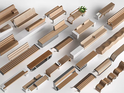 Various Wooden Benches With Modern Designs And Different Structures On 3d model