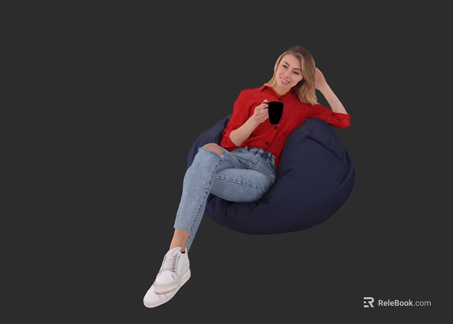 Woman Sitting On Blue Bean Bag Chair In Red Top Ripped Jeans Holding Black Cup 3d model 
