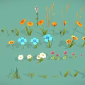 Cartoon Scene With Orange Blue Pink White Flowers And Green Leaves On Light Green Background