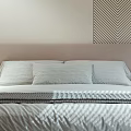 Modern Bedroom Interior Featuring Comfortable Bed Striped Rug Artwork With Letter R And Window Blinds