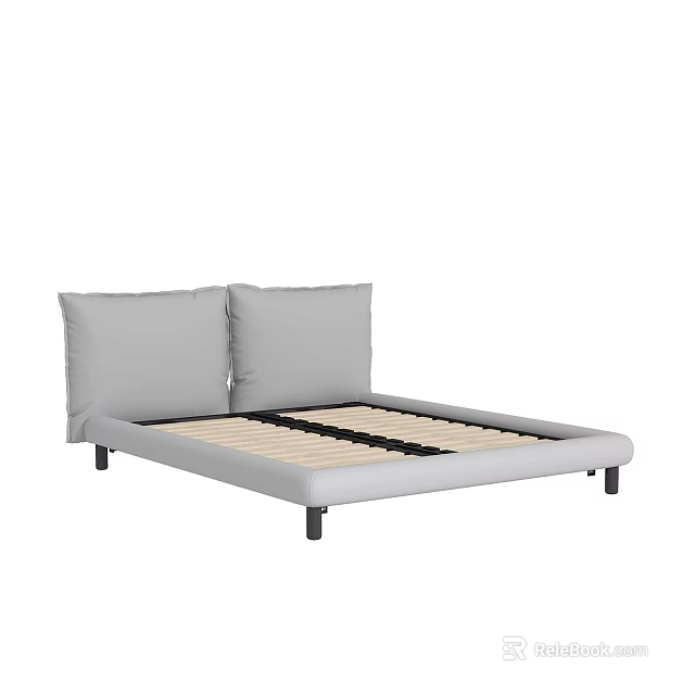 Simple Design Double Bed Frame With Two Gray Pillows Wooden Slats Black Legs 3d model 
