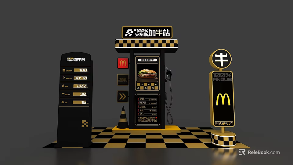 McDonald's Themed Gas Station With Fuel Pump Fast Food Menu And Signage 3d model 