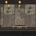 Serene Tea Room Interior Design With Bamboo Patterned Screens Wooden Bench And Stone Floor