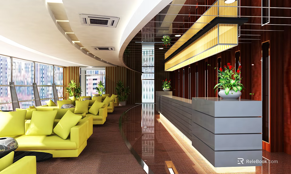Hotel Lobby Interior With Modern Design Yellow Sofas Front Desk And Decorative Plants 3d model