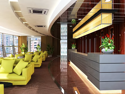 Hotel Lobby Interior With Modern Design Yellow Sofas Front Desk And Decorative Plants 3d model