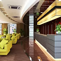 Hotel Lobby Interior With Modern Design Yellow Sofas Front Desk And Decorative Plants 3d model