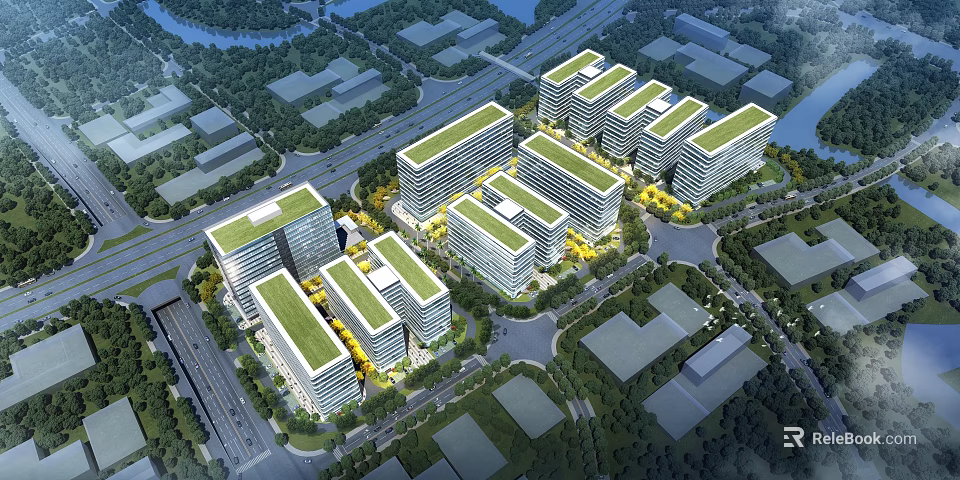 Aerial View Of Urban Planning With Green Roof Buildings And Greenery 3d model 