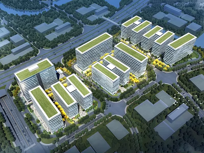 Aerial View Of Urban Planning With Green Roof Buildings And Greenery 3d model