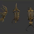Three Golden Prehistoric Mammoth Skeletons Displayed on Dark Reflective Background