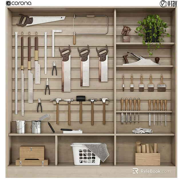 Public Facility Well Organized Tool Storage with Wall Mounted Tools and Shelves 3d model 
