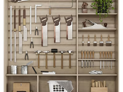 Public Facility Well Organized Tool Storage with Wall Mounted Tools and Shelves 3d model
