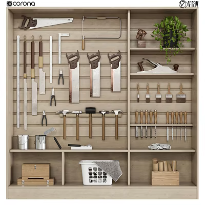 Public Facility Well Organized Tool Storage with Wall Mounted Tools and Shelves 3d model