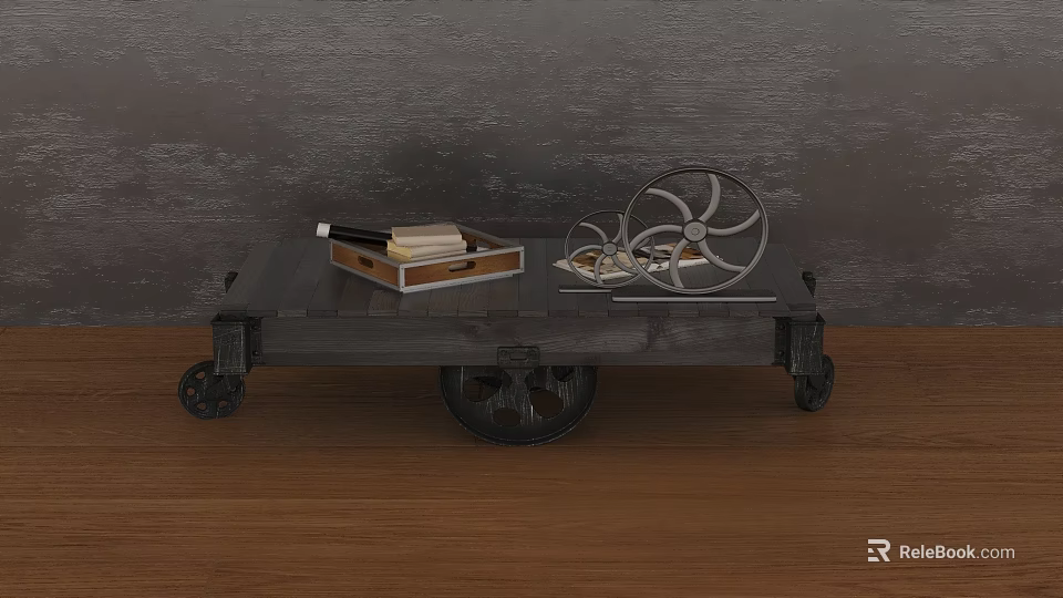 Vintage Wooden Serving Cart With Wheels Tray Books And Metal Fan Decor On Wooden Floor 3d model 