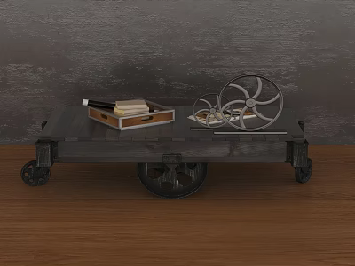 Vintage Wooden Serving Cart With Wheels Tray Books And Metal Fan Decor On Wooden Floor 3d model