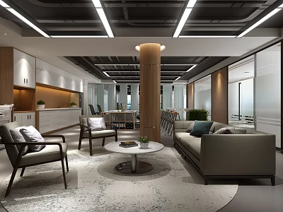 Modern Public Office Space With Sofa Chairs Coffee Table Green Plants And Wooden Decor 3d model