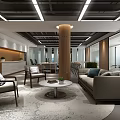 Modern Public Office Space With Sofa Chairs Coffee Table Green Plants And Wooden Decor