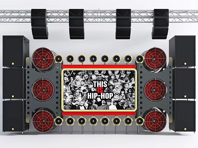 HIP-HOP Stage Audio Speaker System With Large Red Subwoofers And Music 3d model
