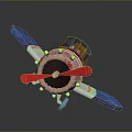 Airplane Model With Blue Purple Wings Red Propeller And Gold Lights On Black Reflective Stand