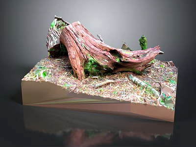 Natural Wooden Log Sculpture on Stone Base with Moss and Small Plants 3d model