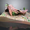Natural Wooden Log Sculpture on Stone Base with Moss and Small Plants