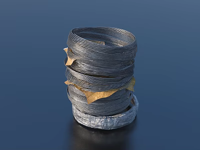 Stacked Coiled Gray And Silver Metal Wires With Golden Sheets And Silver Base 3d model