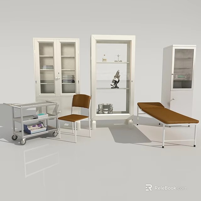 Medical Equipment Set With Glass Door Cabinets Wheel Cart Chair Examination Table And Microscope 3d model 