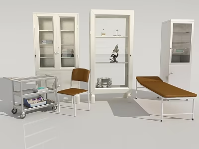 Medical Equipment Set With Glass Door Cabinets Wheel Cart Chair Examination Table And Microscope 3d model