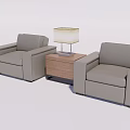 Two Gray Leather Single Sofas With Wooden Side Table And Table Lamp 3d model