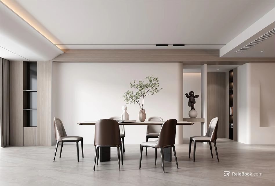 Modern Luxury Restaurant Interior With Dining Table Chairs Vase Green Plant And White Walls 3d model 