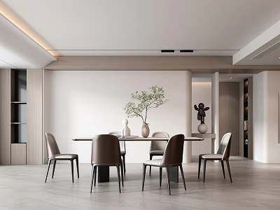 Modern Luxury Restaurant Interior With Dining Table Chairs Vase Green Plant And White Walls 3d model