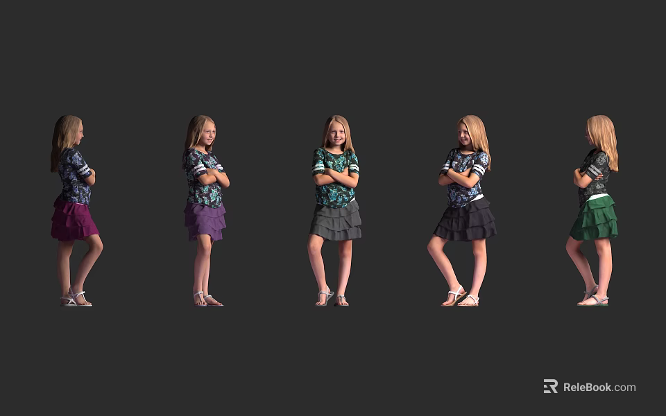 Woman in Different Standing Poses Wearing Colorful Dresses and Tops Against Black Background 3d model 