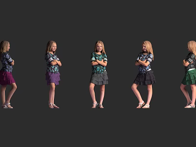 Woman in Different Standing Poses Wearing Colorful Dresses and Tops Against Black Background 3d model