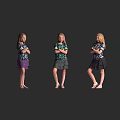 Woman in Different Standing Poses Wearing Colorful Dresses and Tops Against Black Background