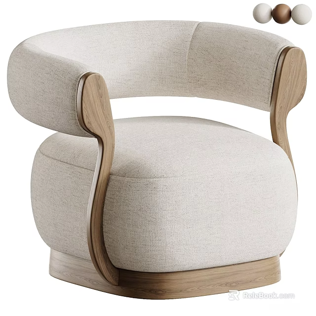 Modern Single Sofa With Beige Fabric Upholstery Wooden Armrests And Curved Base Design 3d model 