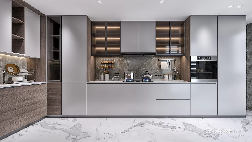 Modern Kitchen Interior Design With Marble Island Counter Cabinets And Appliances 3d model 