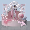 Traditional Style Floral Art Display With Pink Flowers Fans And Arched Platform