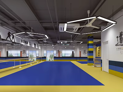 Indoor Martial Arts Training Space With Blue Yellow Mats And Geometric Pendant Lights 3d model