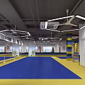 Indoor Martial Arts Training Space With Blue Yellow Mats And Geometric Pendant Lights
