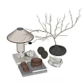 Modern Decorative Ornament Set Including Table Lamp Natural Branches Ceramic Vase Clay Pots and Bowls