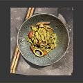 Yellow Noodles with Squid and Tomatoes in Textured Bowl and Chopsticks on Side