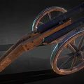 Vintage Double Barreled Cannon With Wooden Wheels And Cross Emblem