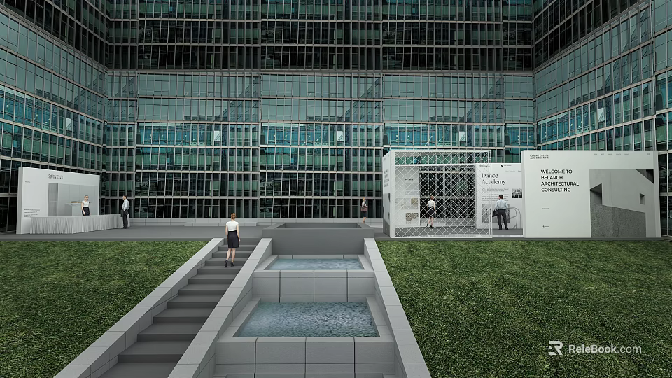 Modern Building Exterior With Glass Curtain Wall Outdoor Lawn Water Pool And Steps 3d model 