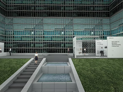 Modern Building Exterior With Glass Curtain Wall Outdoor Lawn Water Pool And Steps 3d model