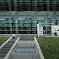 Modern Building Exterior With Glass Curtain Wall Outdoor Lawn Water Pool And Steps